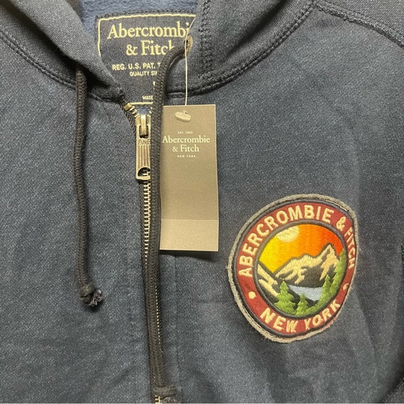 Abercrombie & Fitch Camp Scout Patch Logo Full Zip Blue Hoodie Size Small NWT - Picture 5 of 6